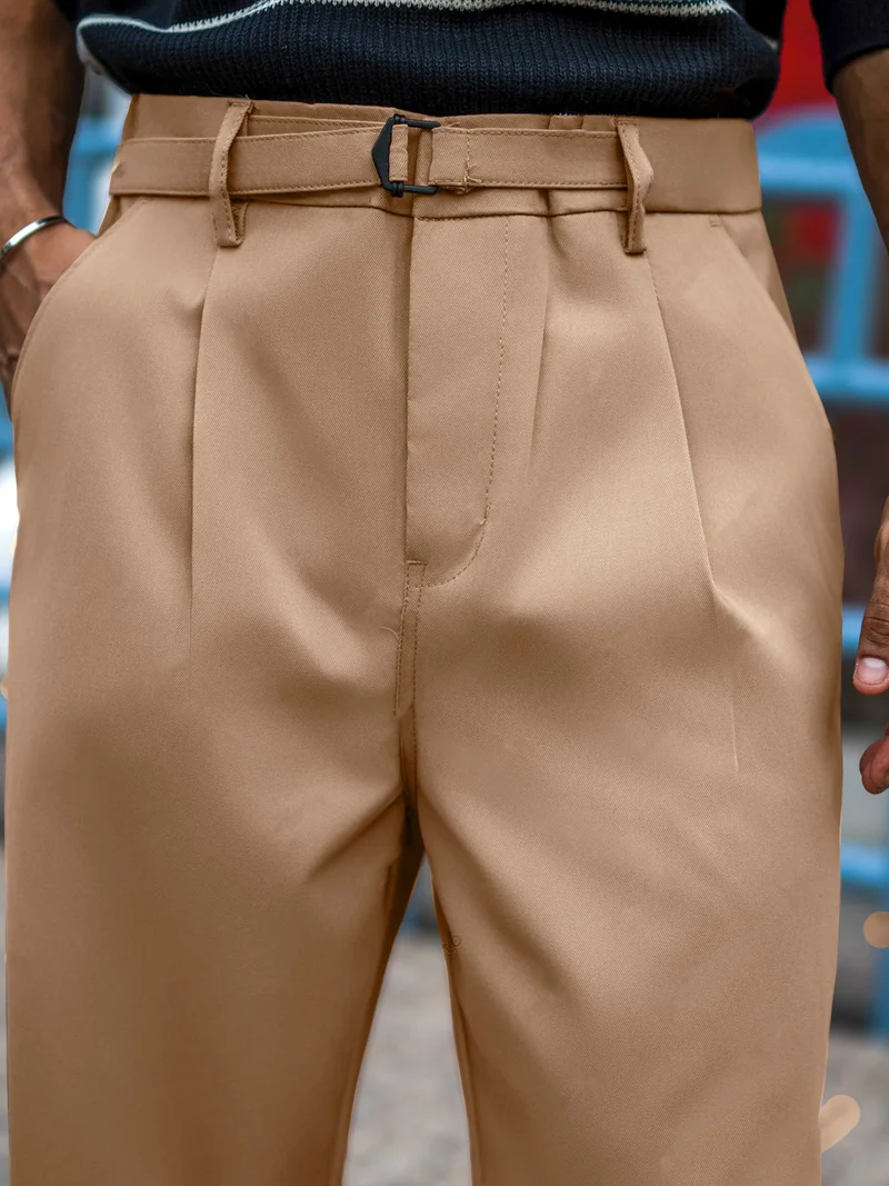 Maniac Maniac Mens Solid Dark Beige Belted Cotton Blend Trouser